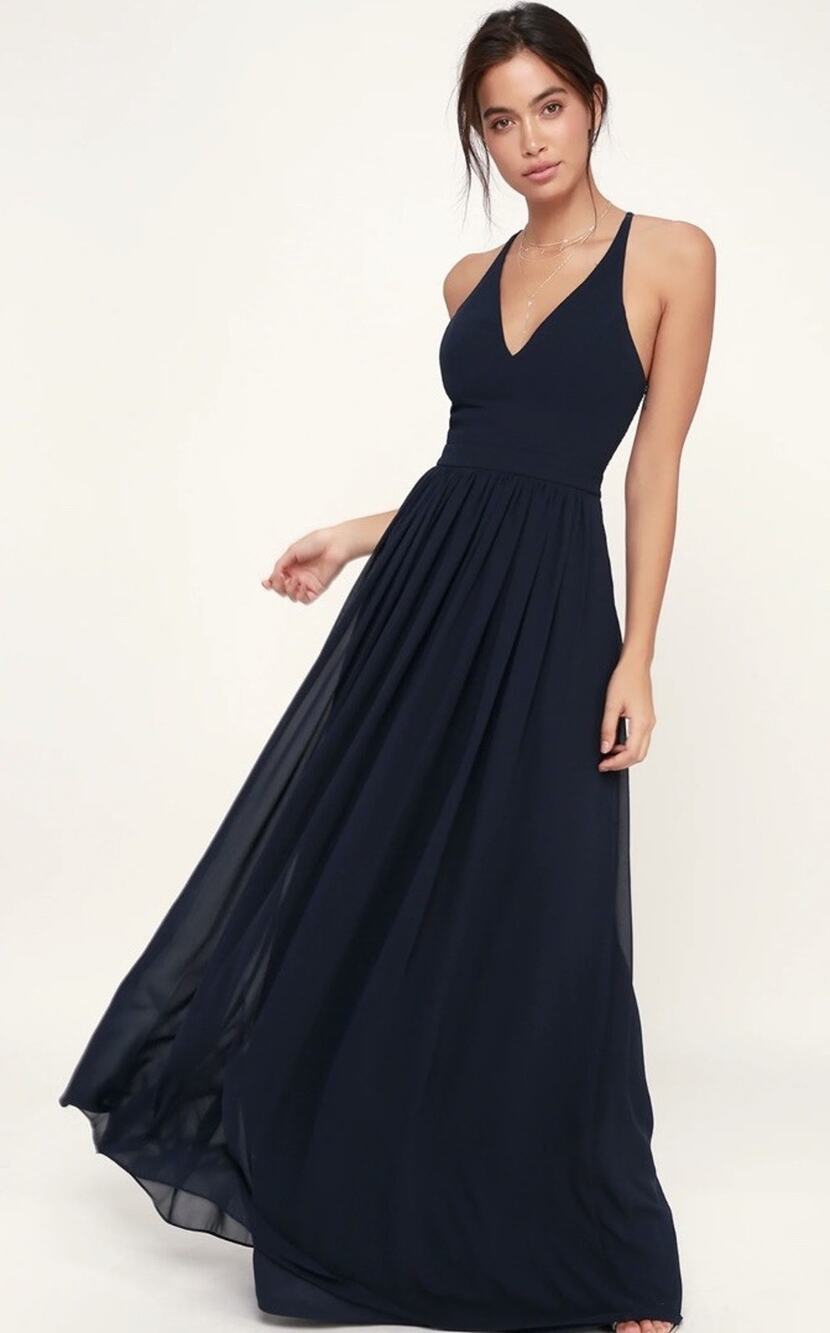 Lulu’s Lovespell Dress Maxi Lace Back Navy Blue Size Large Bridesmaid Formal NWT